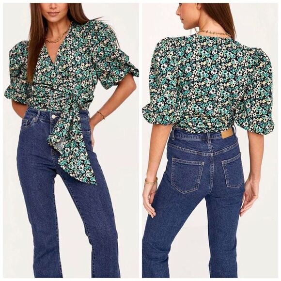 Only Riri i Gron Green Yellow Balloon Short Sleeve‎ Wrap Blouse Sz M - Picture 1 of 10